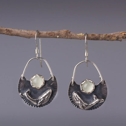 Humpback Whale Earrings in Silver  with Aquamarine, Handcrafted Ocean Dangles