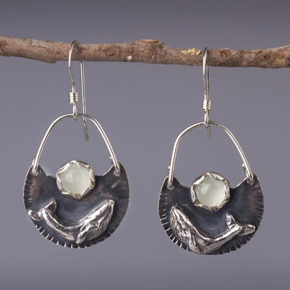 Humpback Whale Earrings in Silver  with Aquamarine, Handcrafted Ocean Dangles