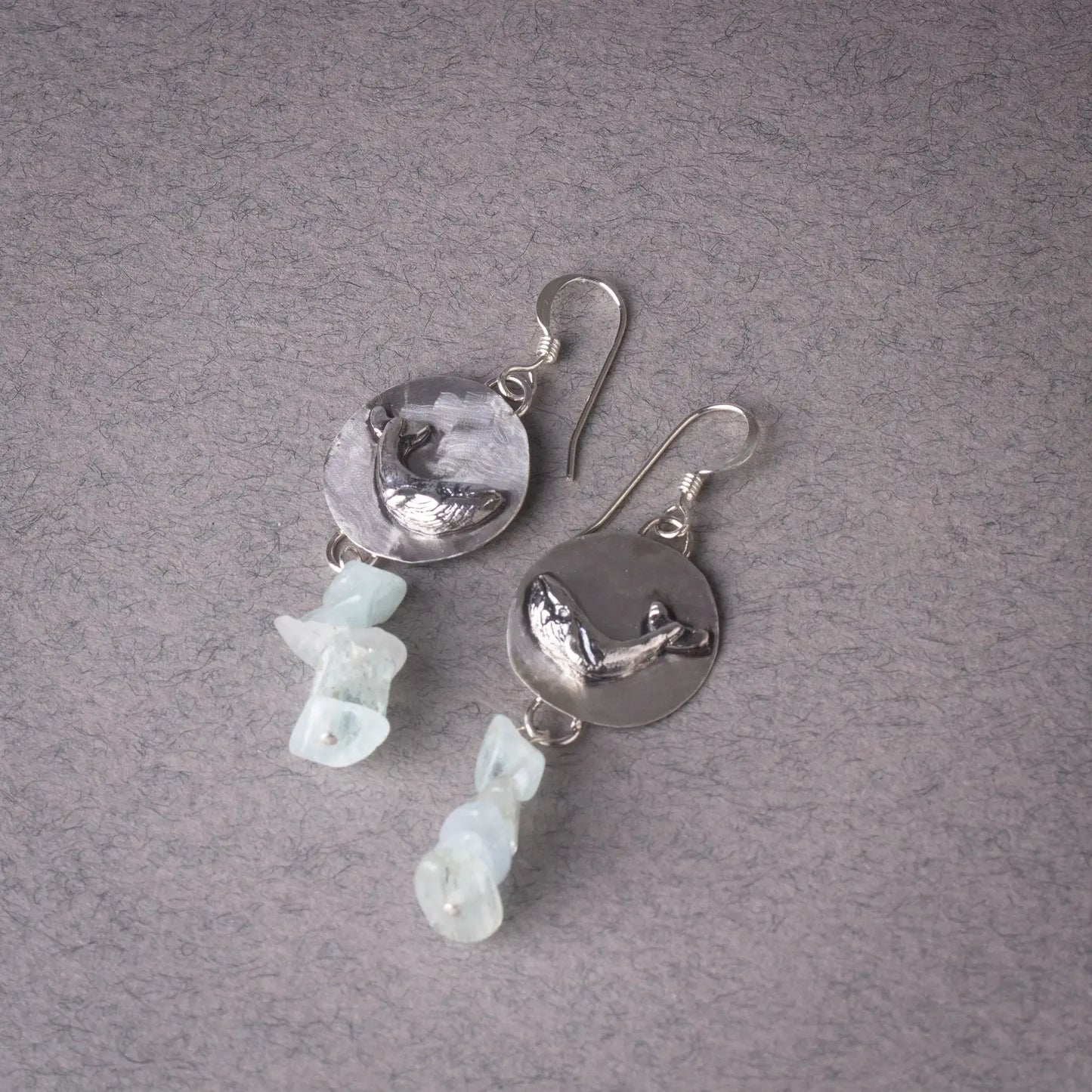 Whale Dangle Earrings in Silver, Aquamarine Gemstone earrings, Whale Lover Gift