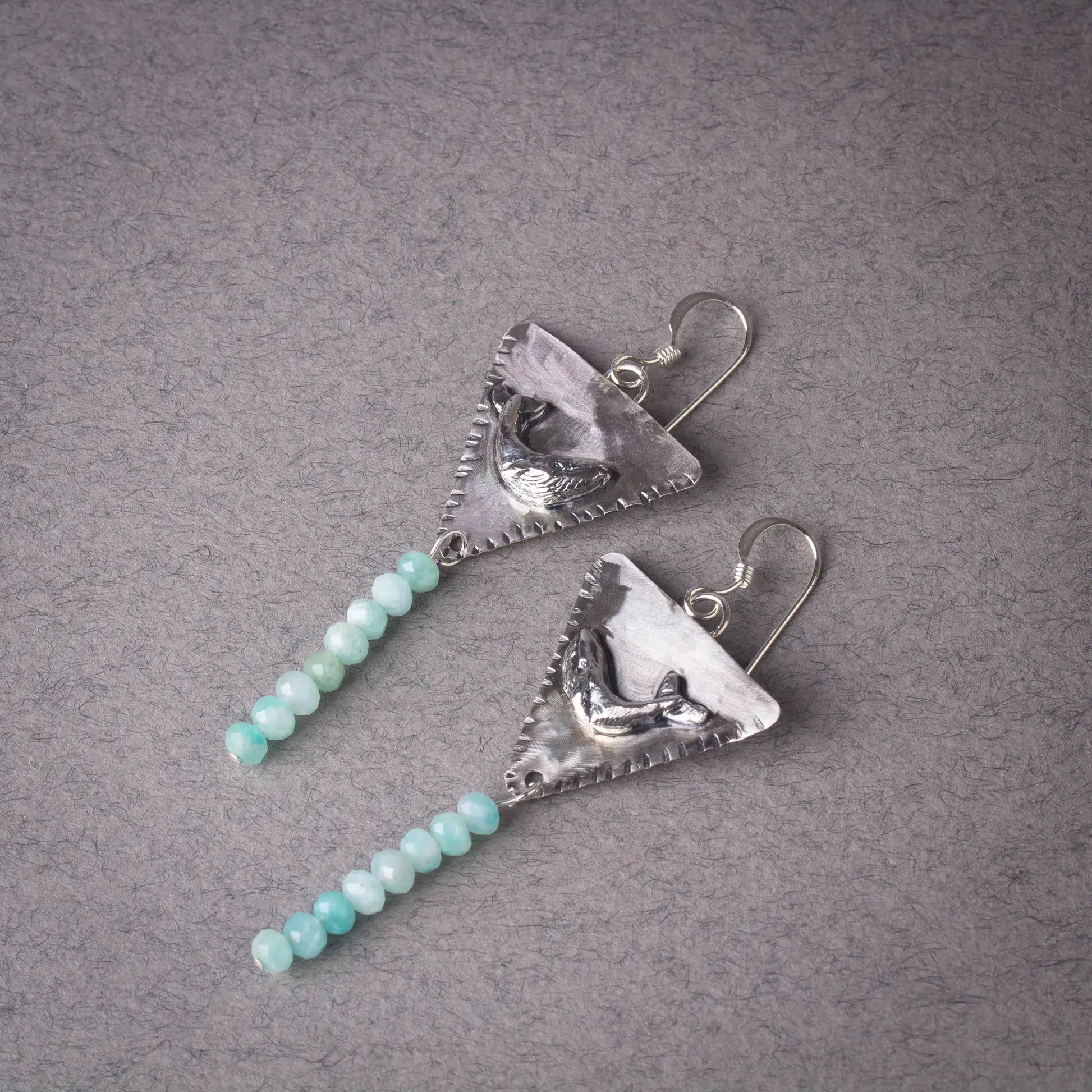 Whale Triangle Silver Handcrafted Dangle Earrings with Amazonite