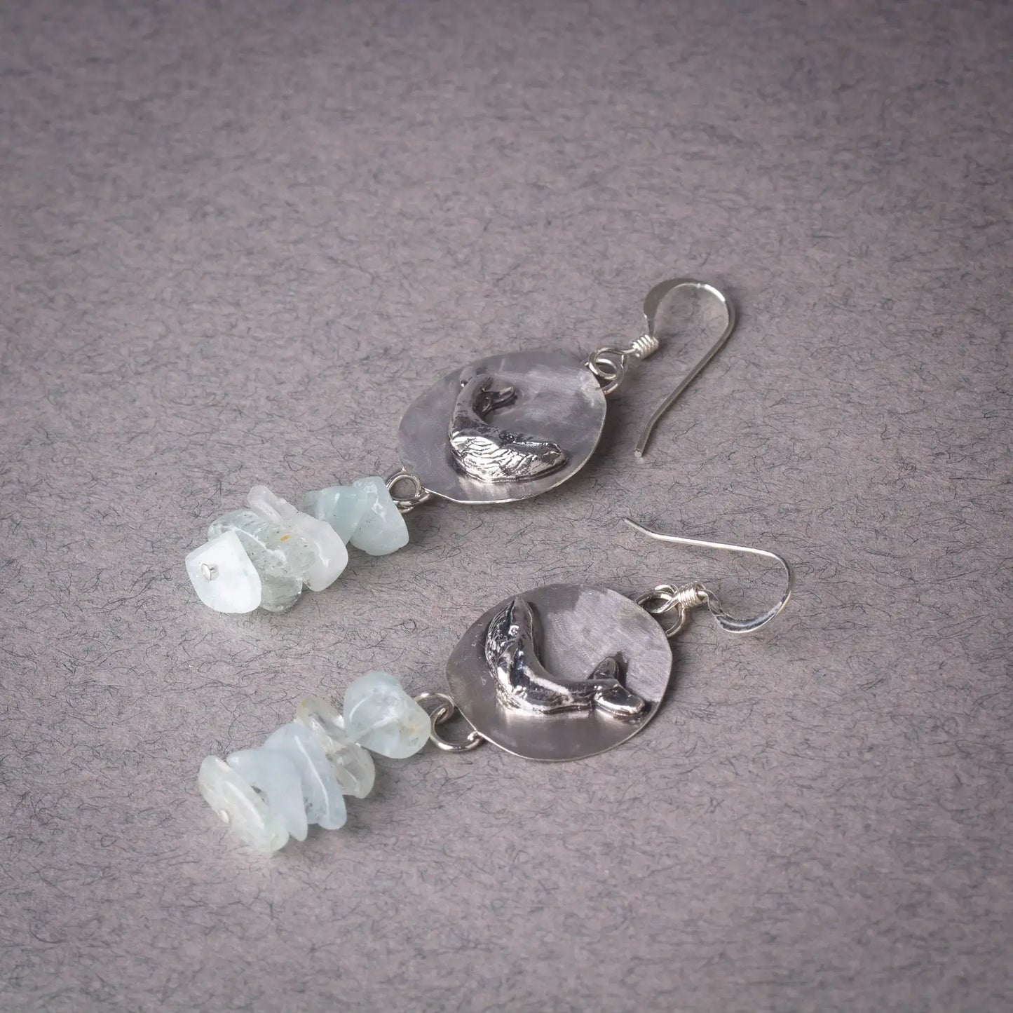 Whale Dangle Earrings in Silver, Aquamarine Gemstone earrings, Whale Lover Gift