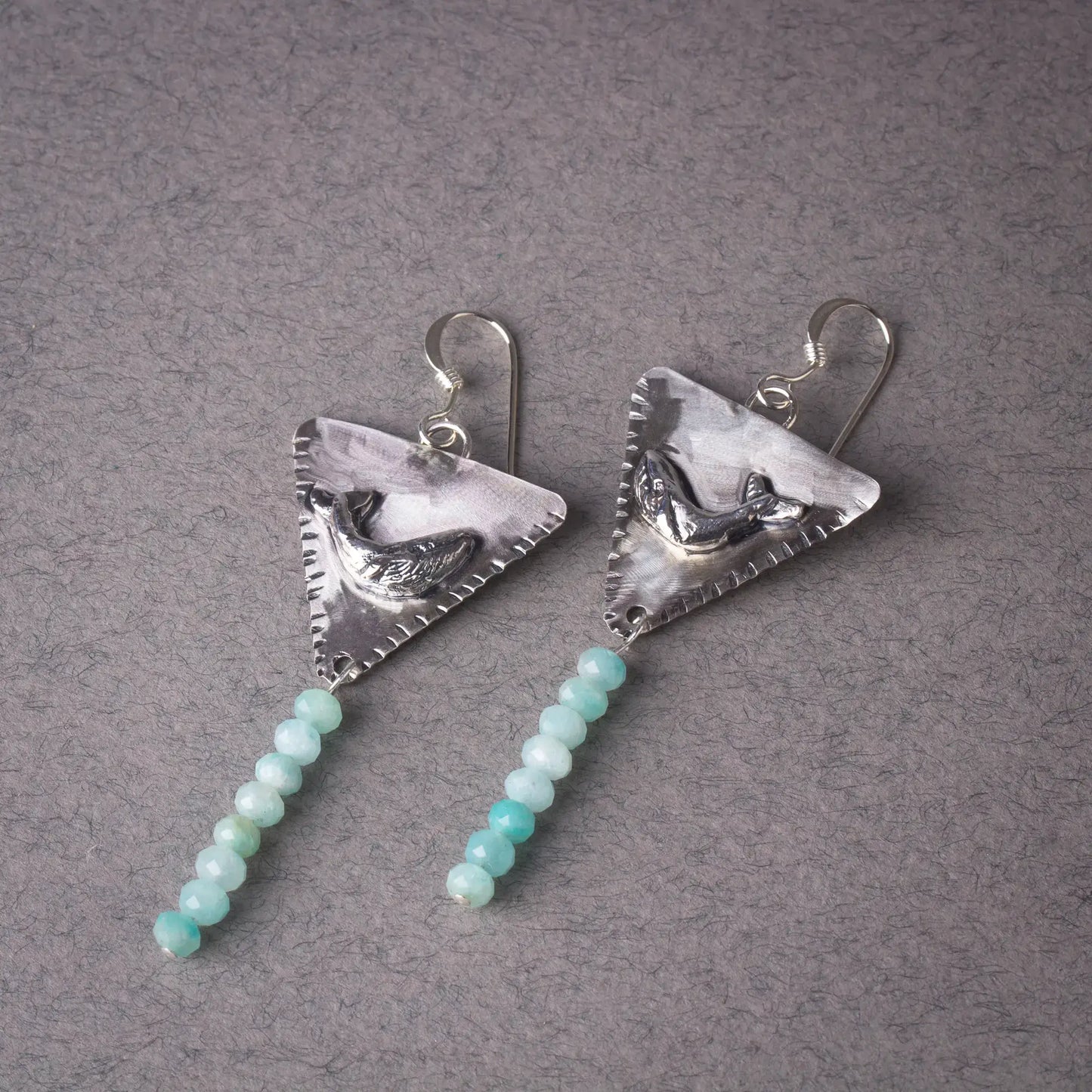 Whale Triangle Silver Handcrafted Dangle Earrings with Amazonite