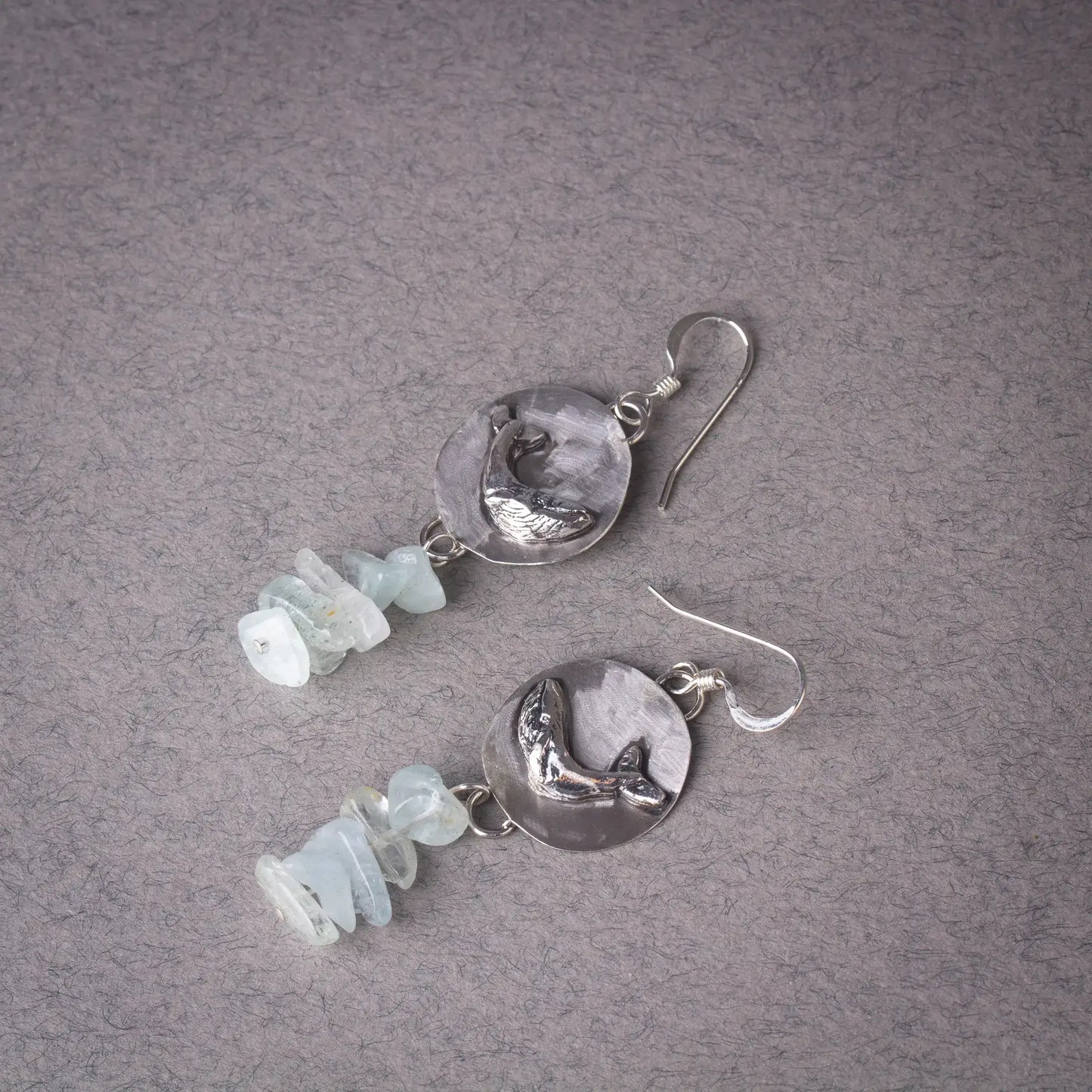 Whale Dangle Earrings in Silver, Aquamarine Gemstone earrings, Whale Lover Gift