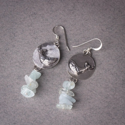 Whale Dangle Earrings in Silver, Aquamarine Gemstone earrings, Whale Lover Gift