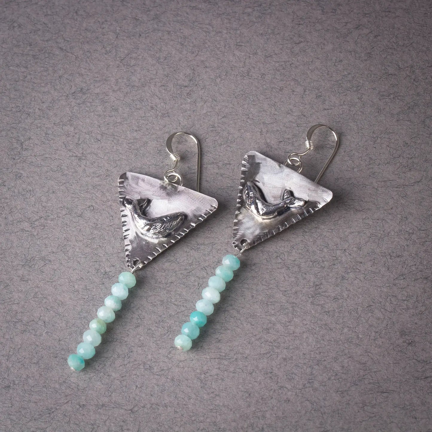 Whale Triangle Silver Handcrafted Dangle Earrings with Amazonite