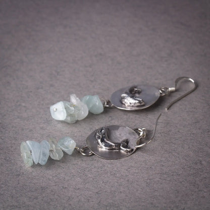 Whale Dangle Earrings in Silver, Aquamarine Gemstone earrings, Whale Lover Gift