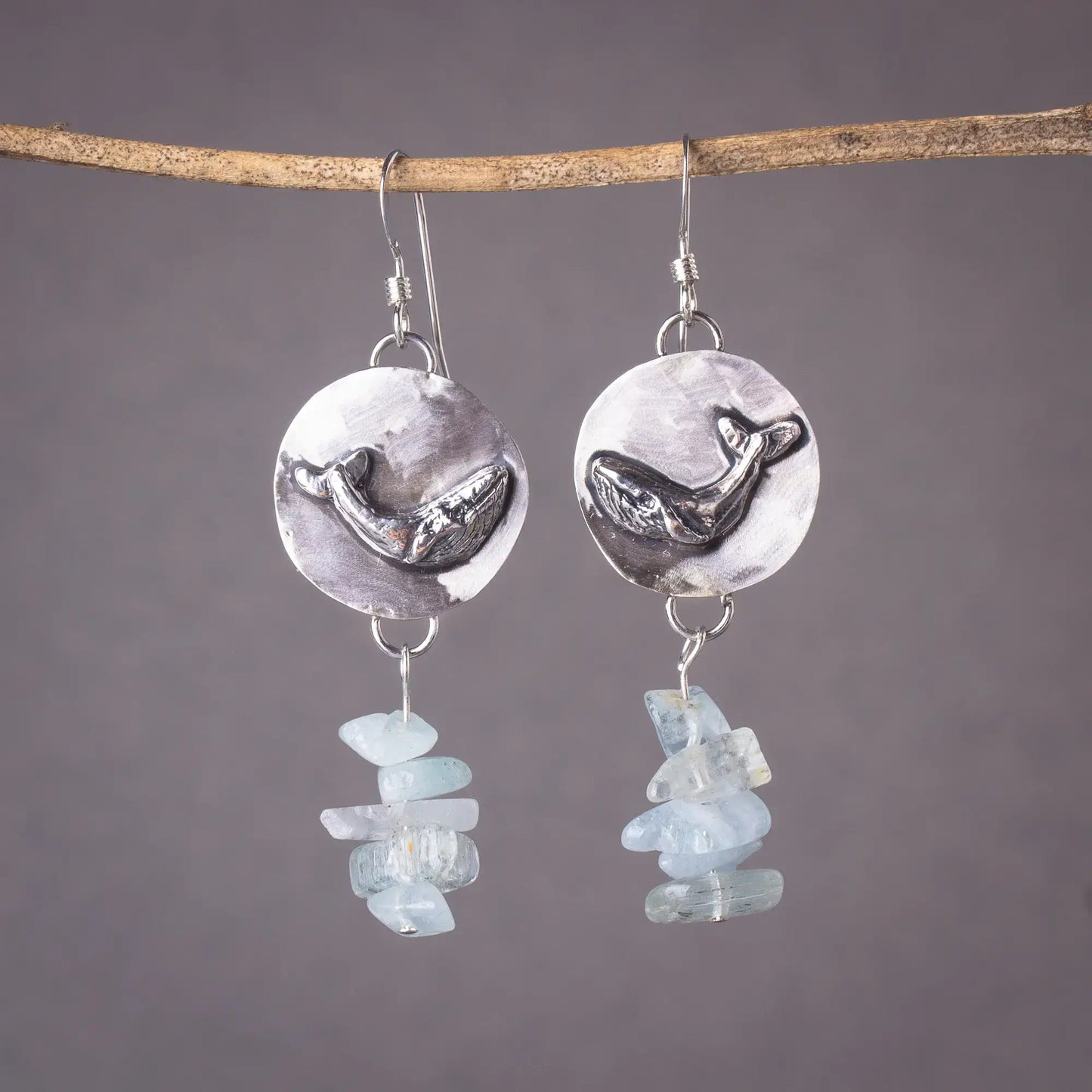 Whale Dangle Earrings in Silver, Aquamarine Gemstone earrings, Whale Lover Gift