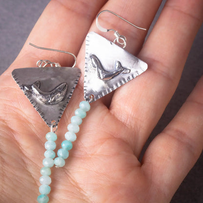 Whale Triangle Silver Handcrafted Dangle Earrings with Amazonite