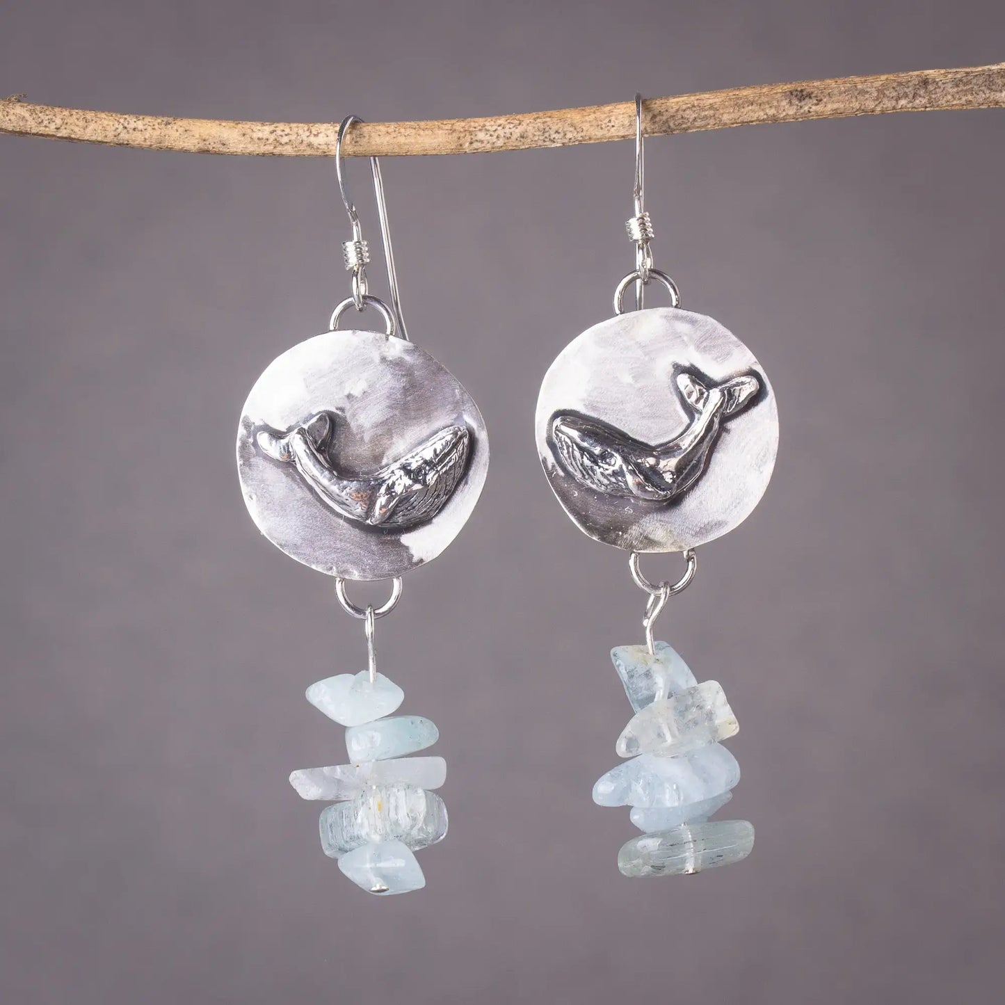 Whale Dangle Earrings in Silver, Aquamarine Gemstone earrings, Whale Lover Gift