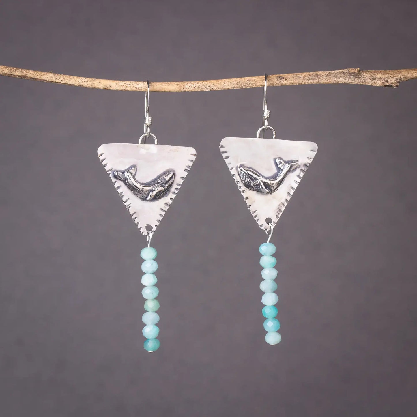 Whale Triangle Silver Handcrafted Dangle Earrings with Amazonite