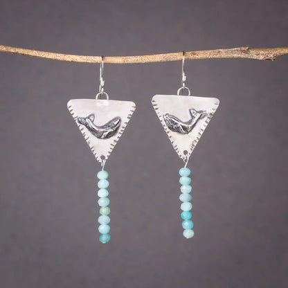 Whale Triangle Silver Handcrafted Dangle Earrings with Amazonite