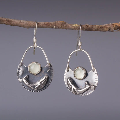 Humpback Whale Earrings in Silver  with Aquamarine, Handcrafted Ocean Dangles