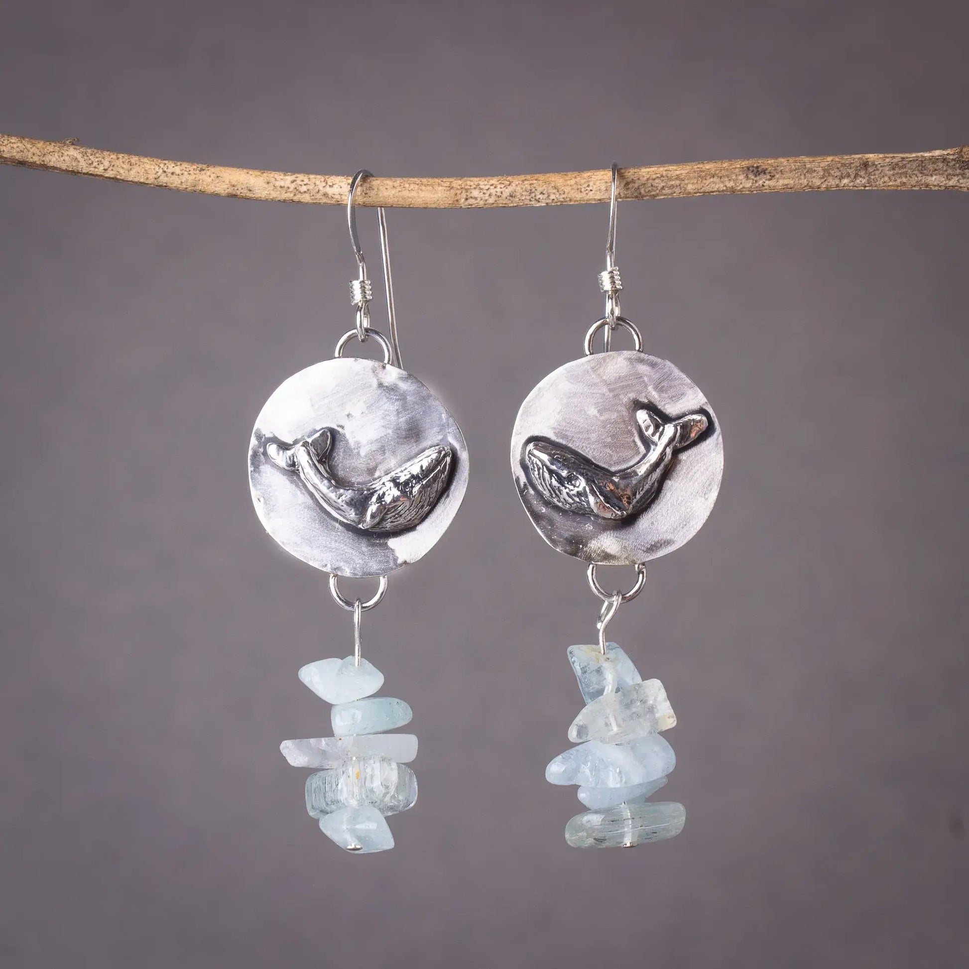 Whale Dangle Earrings in Silver, Aquamarine Gemstone earrings, Whale Lover Gift