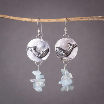 Whale Dangle Earrings in Silver, Aquamarine Gemstone earrings, Whale Lover Gift