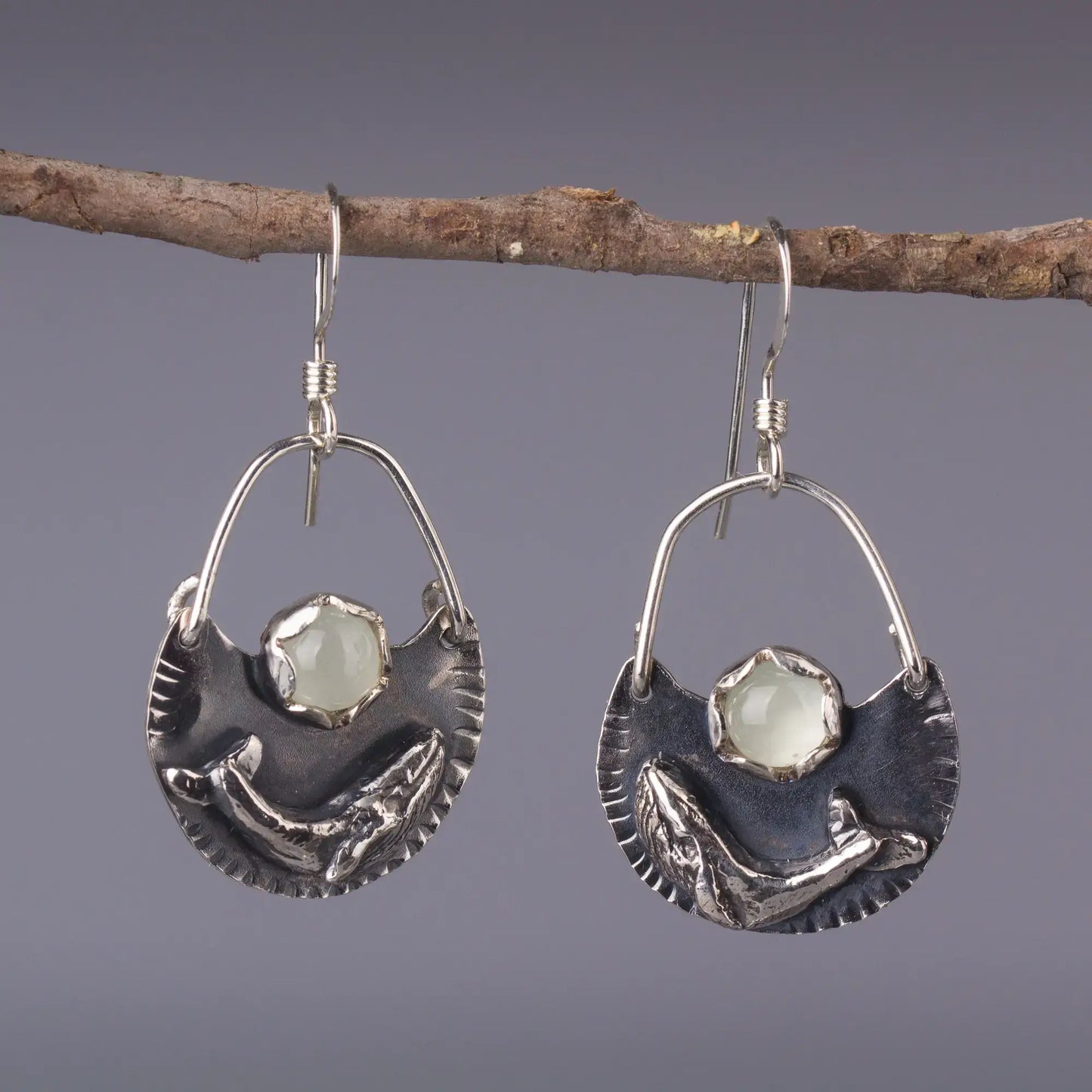 Humpback Whale Earrings in Silver  with Aquamarine, Handcrafted Ocean Dangles