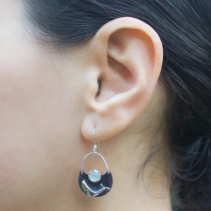 Humpback Whale Earrings in Silver with Aquamarine, Handcrafted Ocean Dangles