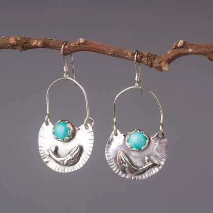 Humpback Whale Earring, Amazonite Silver Dangles, Hand Crafted Statement Dangles