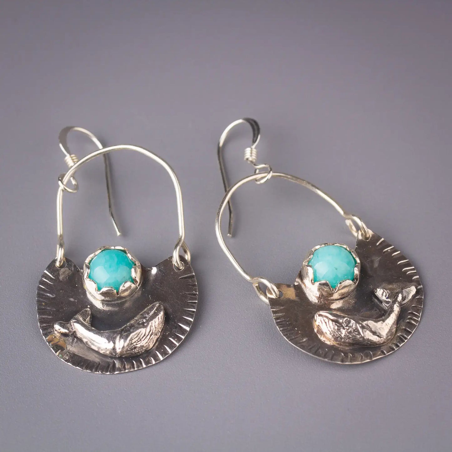 Humpback Whale Earring, Amazonite Silver Dangles, Hand Crafted Statement Dangles