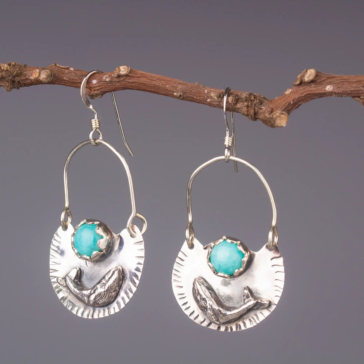 Humpback Whale Earring, Amazonite Silver Dangles, Hand Crafted Statement Dangles