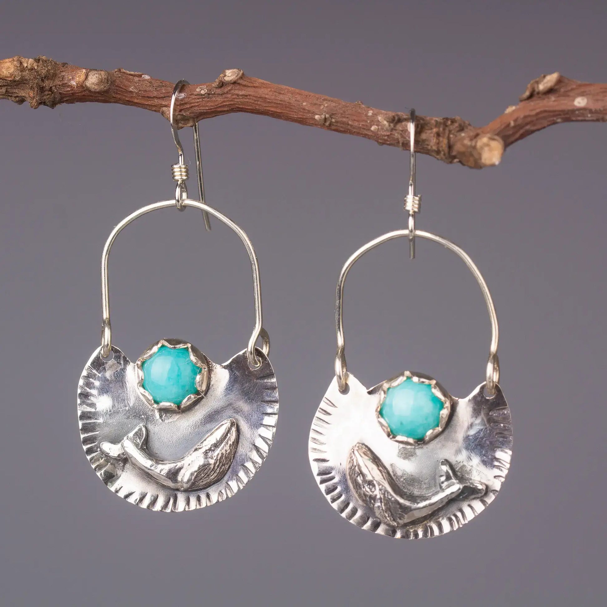 Whale Silver Earrings with Amazonite, Hand Crafted Statement Dangles