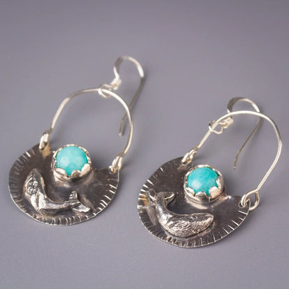 Humpback Whale Earring, Amazonite Silver Dangles, Hand Crafted Statement Dangles