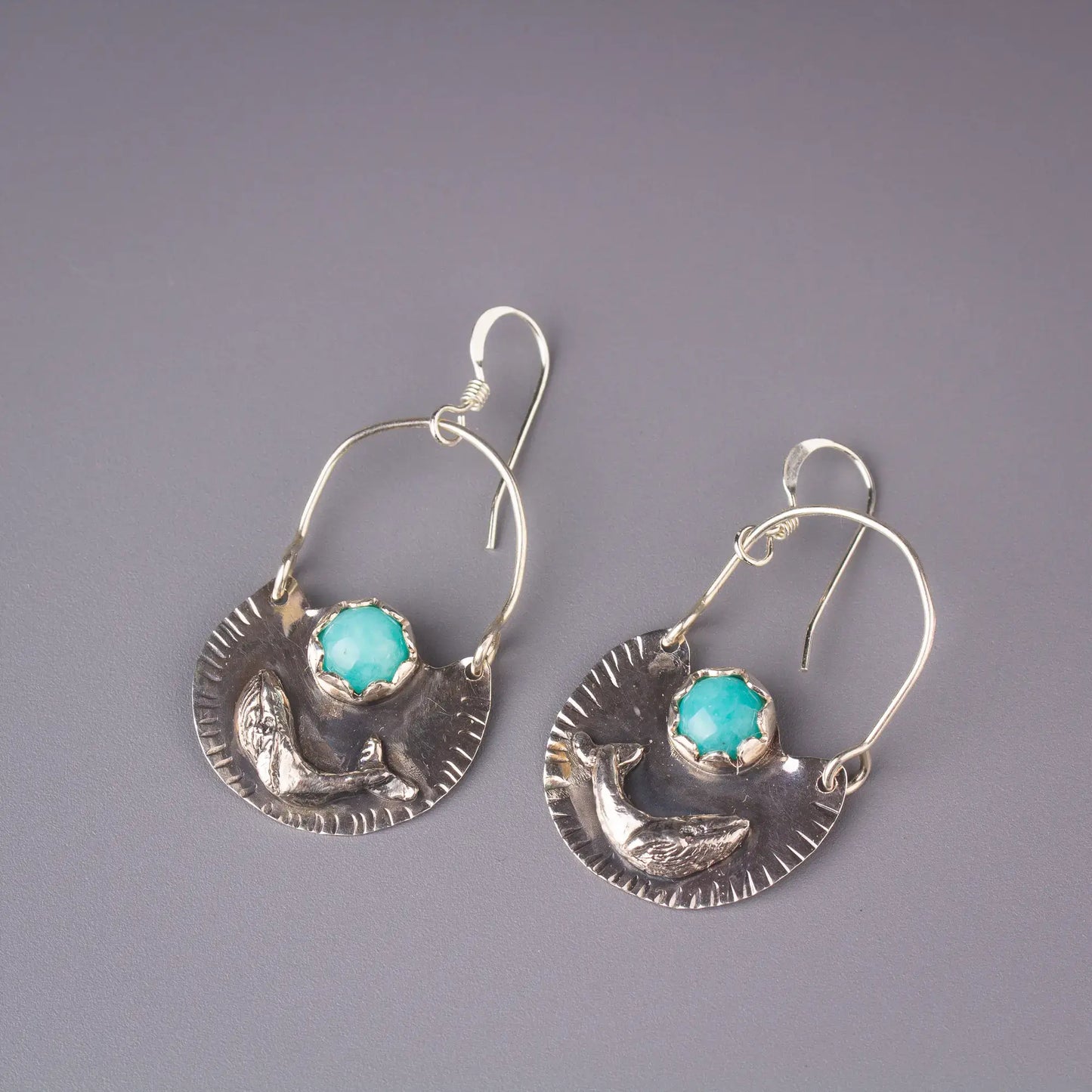 Humpback Whale Earring, Amazonite Silver Dangles, Hand Crafted Statement Dangles