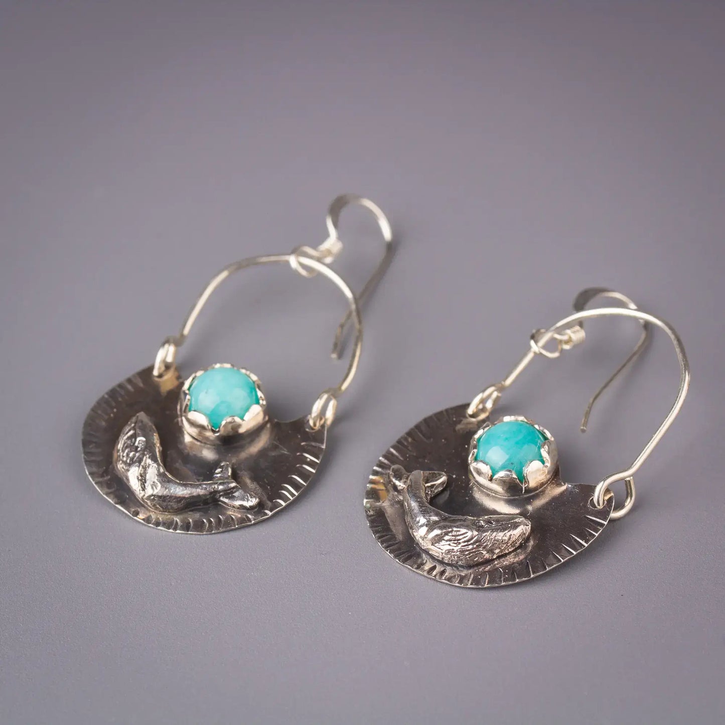 Humpback Whale Earring, Amazonite Silver Dangles, Hand Crafted Statement Dangles