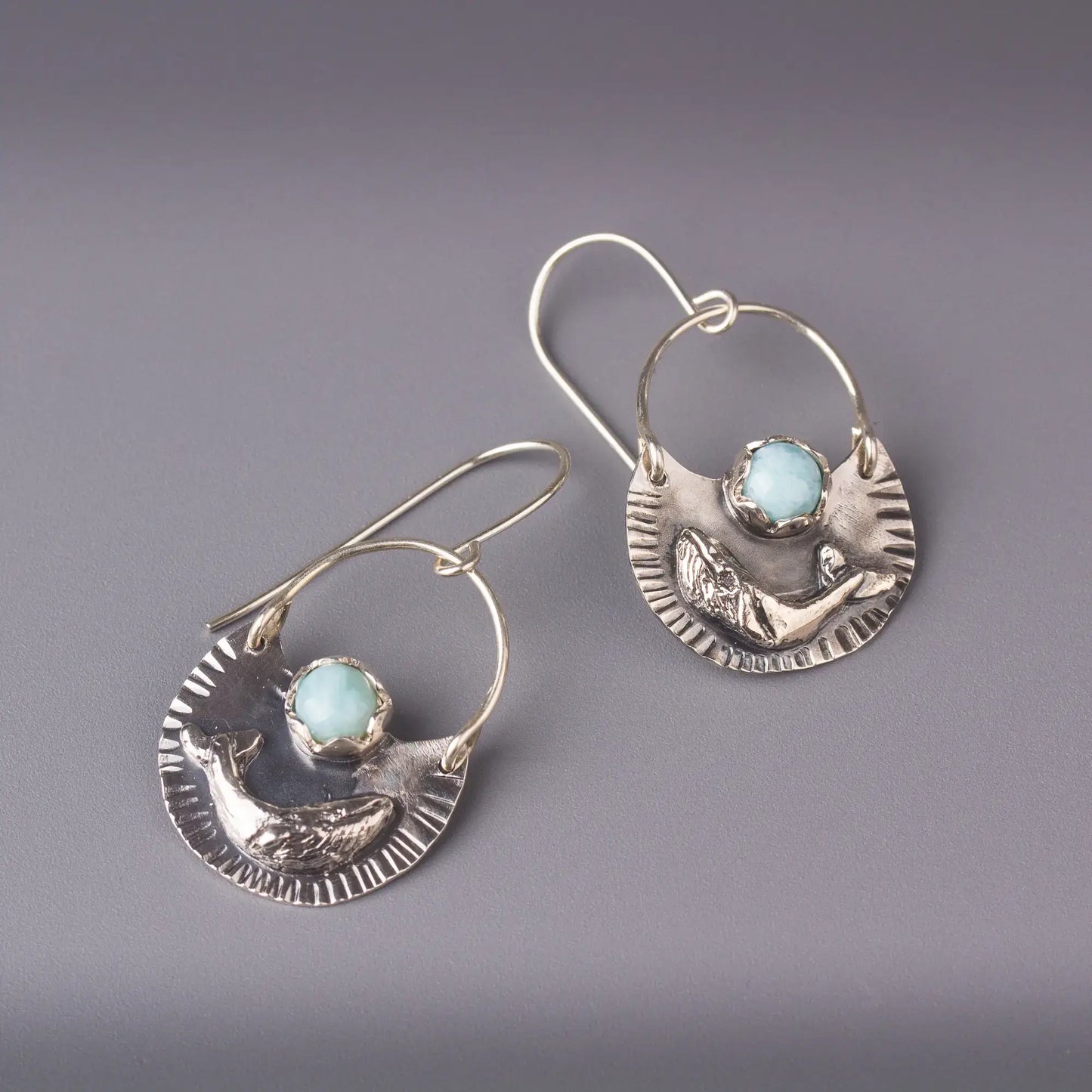 Silver humpback whale dangle earrings with Larimar gemstone, ocean style jewelry.