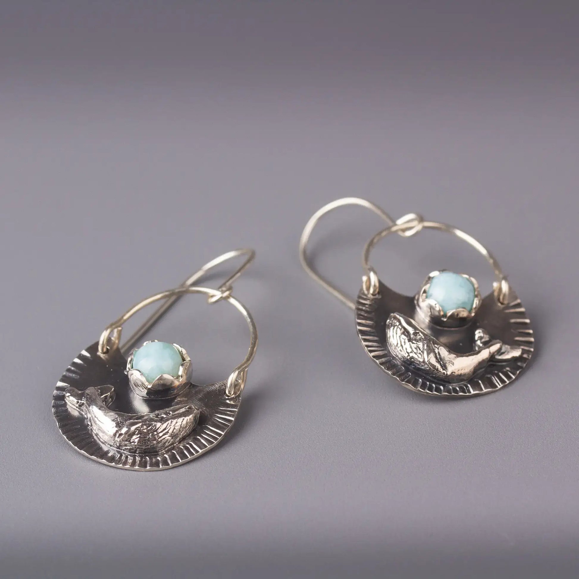 Silver humpback whale dangle earrings with Larimar gemstone, ocean style earrings, handmade statement jewelry.