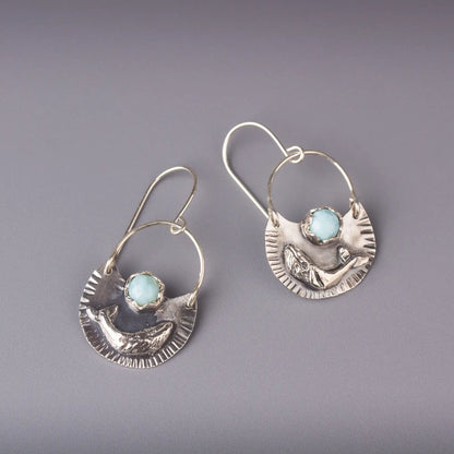 Humpback whale dangle earrings in silver with larimar gemstones, ocean style statement jewelry.